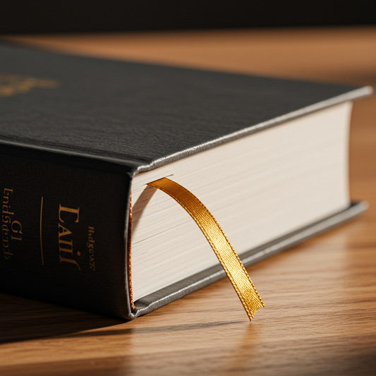 Thick book with bookmark sticking out.