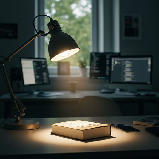 Lamp shining light on a book in a room with computer screens in the background.
