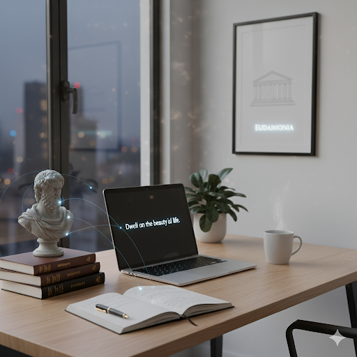 Classical bust on books representing Stoicism for modern professionals, illustrating clarity, resilience, and virtue at work.