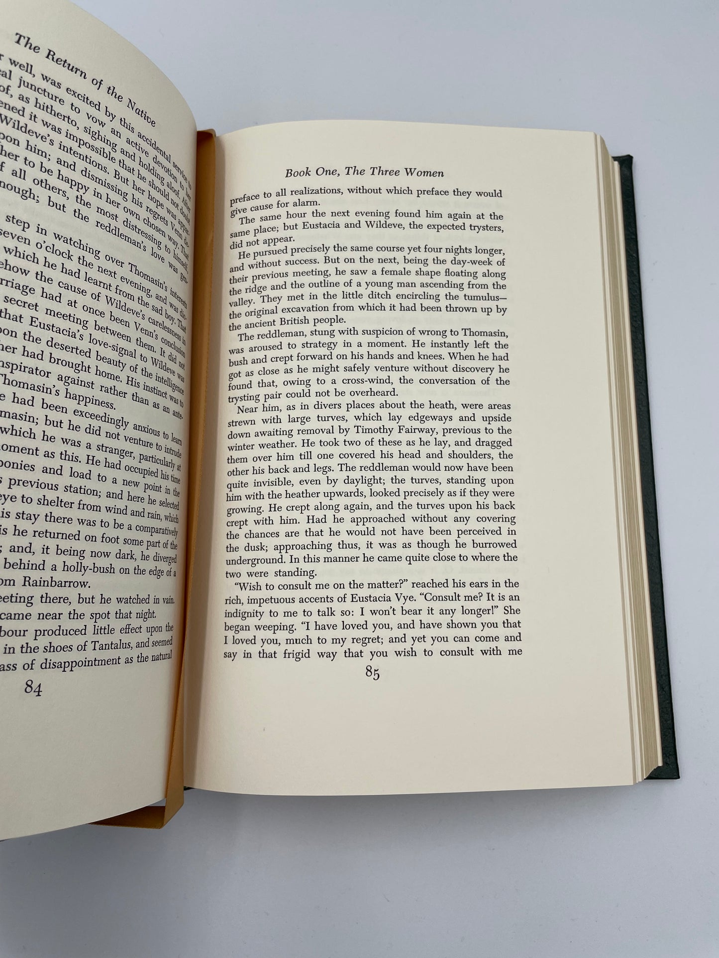 Pages 84 and 85 opened with silk book mark of "The Return of the Native" by Thomas Hardy (Collector's Edition, Easton Press).