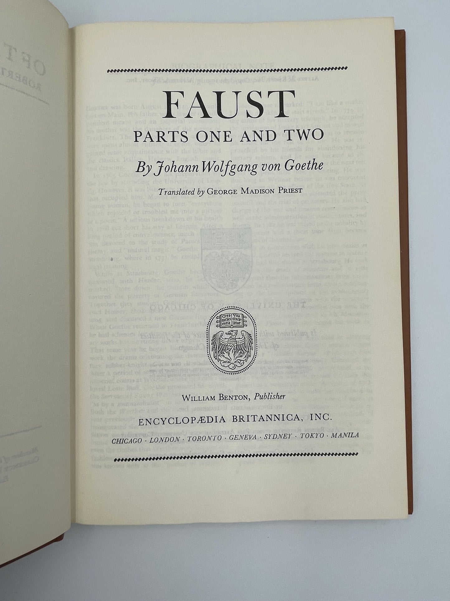 Goethe (Britannica: Great Books of the Western World). Faust: Part one and Two.