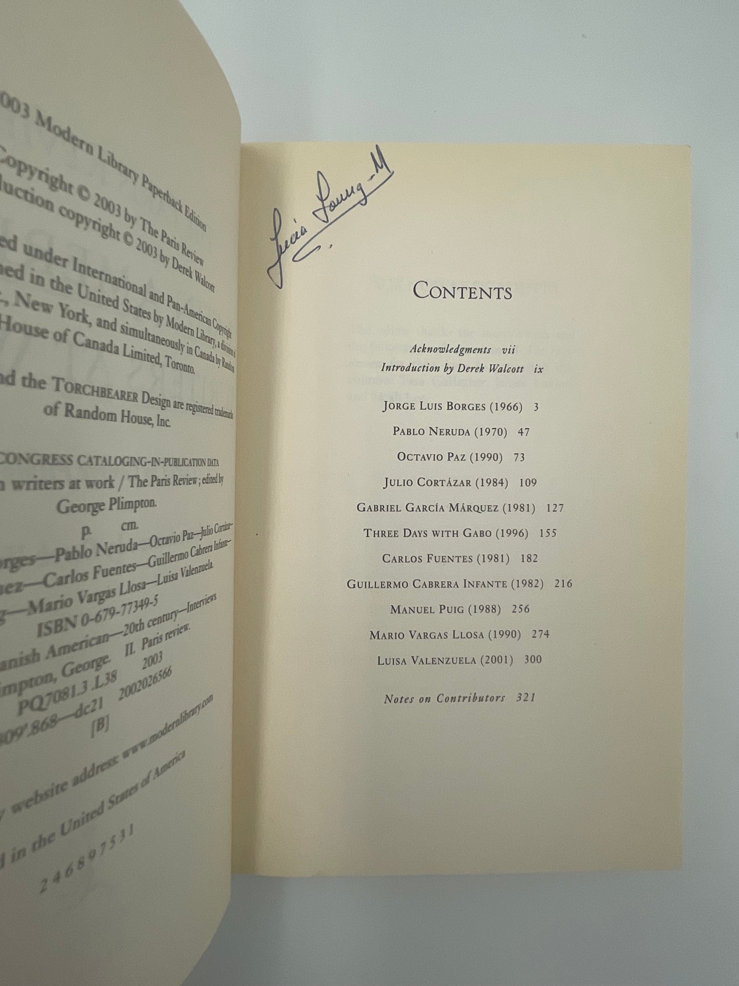 Contents page from ‘Latin American Writers at Work: The Paris Review’.