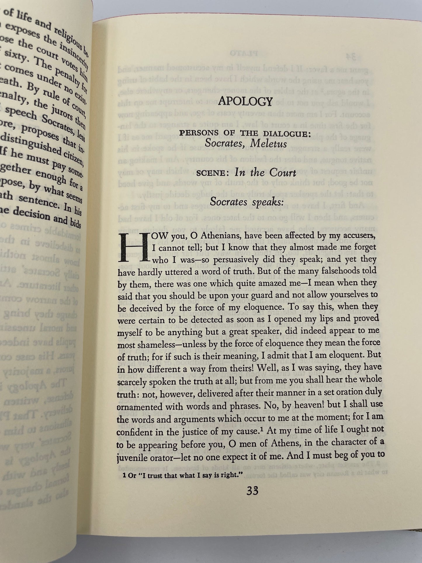 Page on 'Apology' from "Plato. Five Great Dialogues" (1969) Translated by B.Jowett. Edited and annotated by Louise Ropes Loomis.