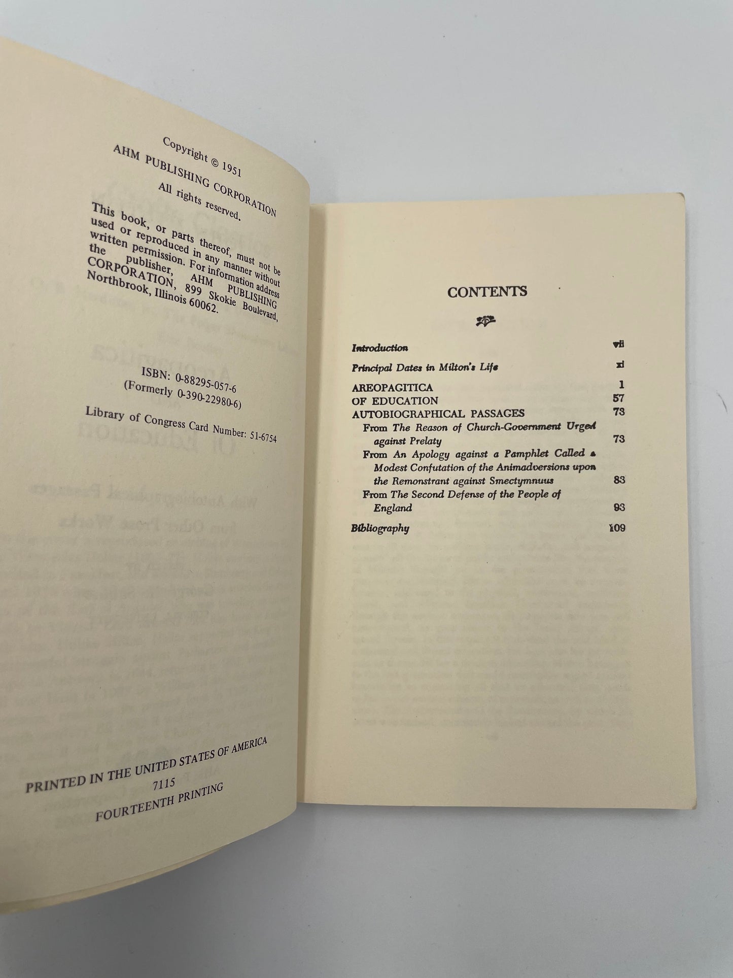 Contents page of 'Areopagitica and Of Education' by Milton