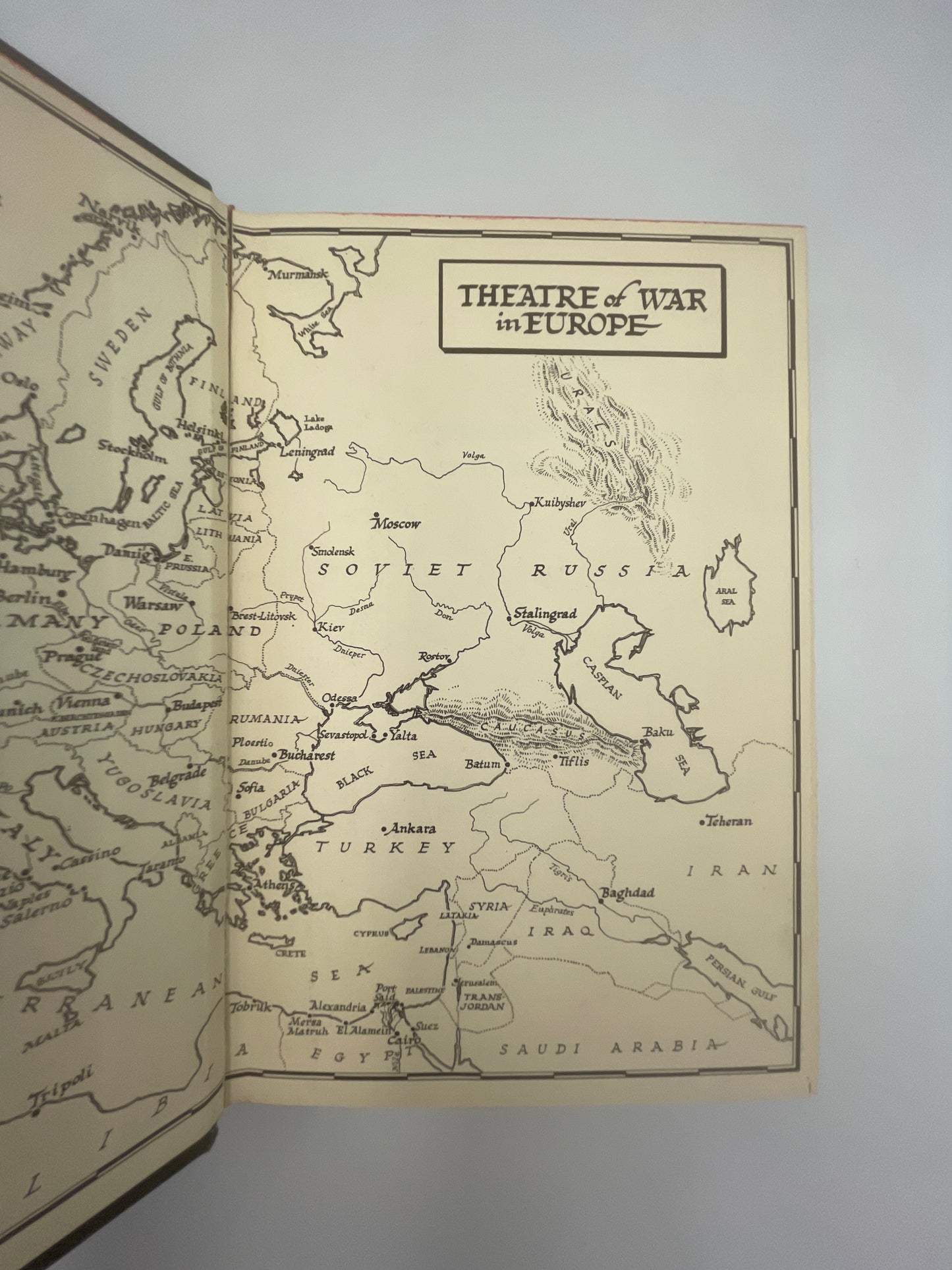 Inside cover pages with map of the Theatre of war in Europe from ‘The Valiant Years’.