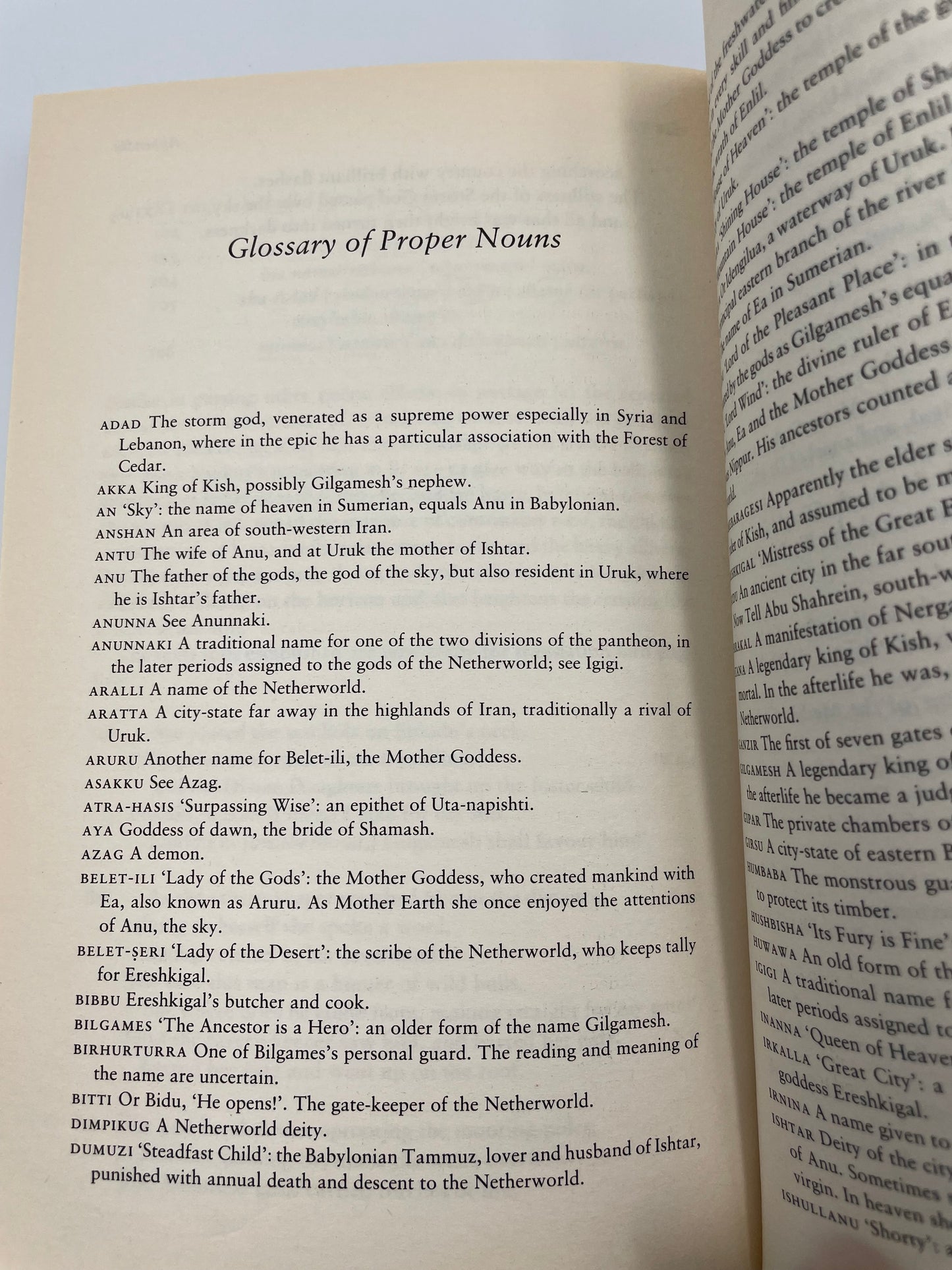Glossary of propre nouns page of 'The Epic of Gilgamesh (Penguin Classics)