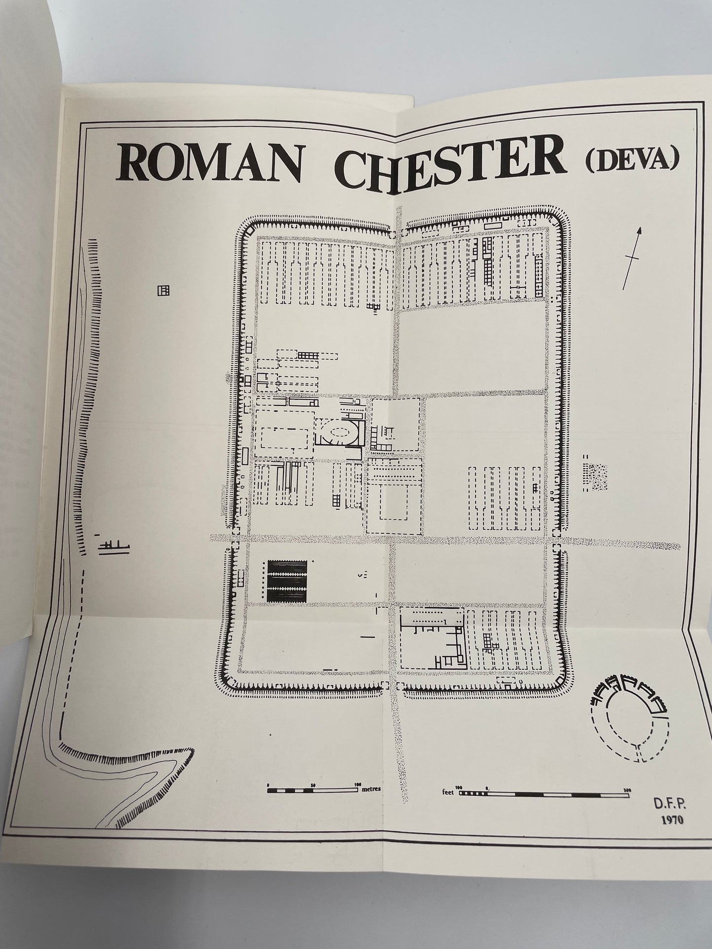 Illustrative fold out map of Roman Chester (Deva) from 'The Roman Army' by Graham Webster.