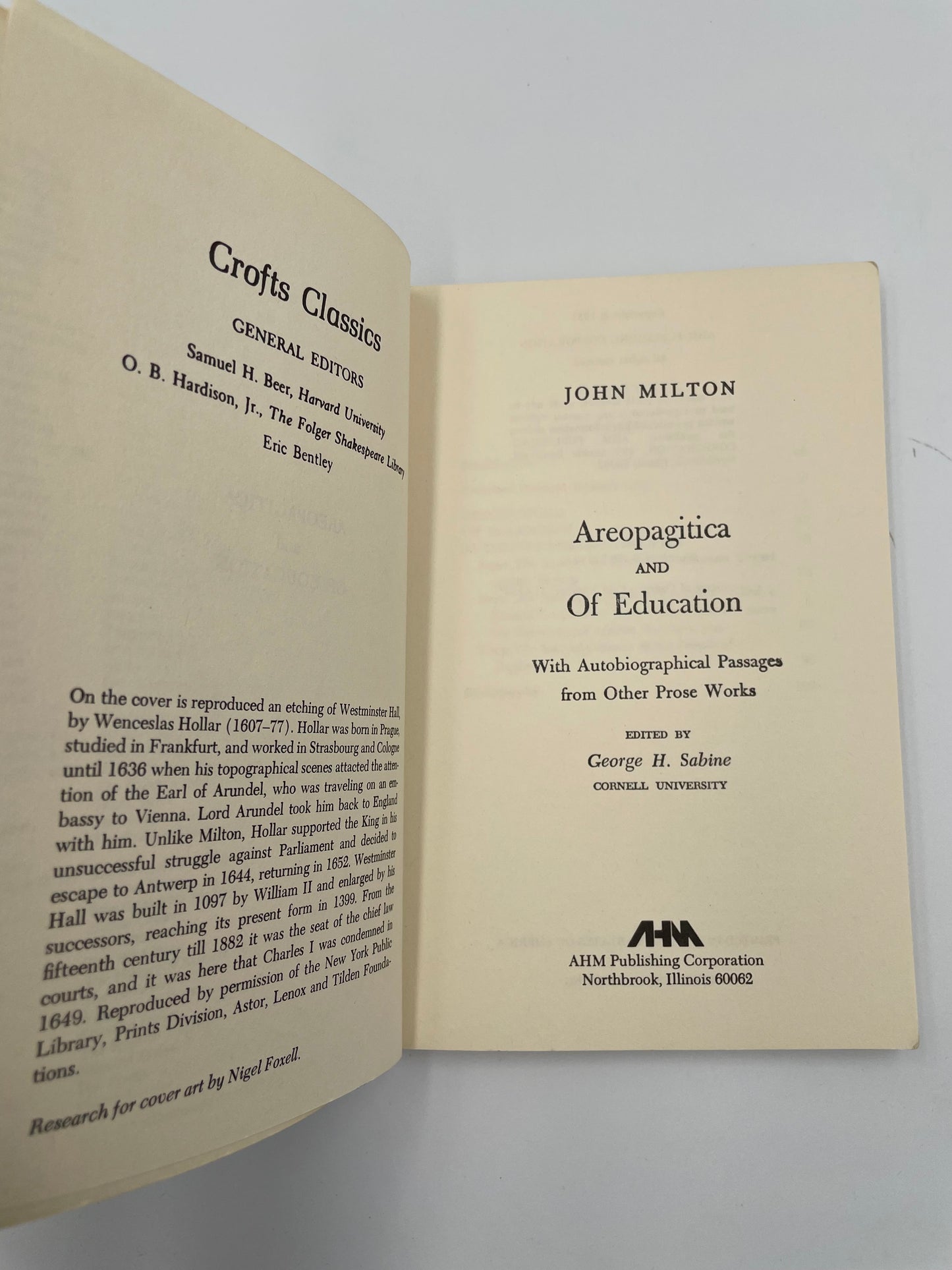 Title page with info of 'Areopagitica and Of Education' by Milton