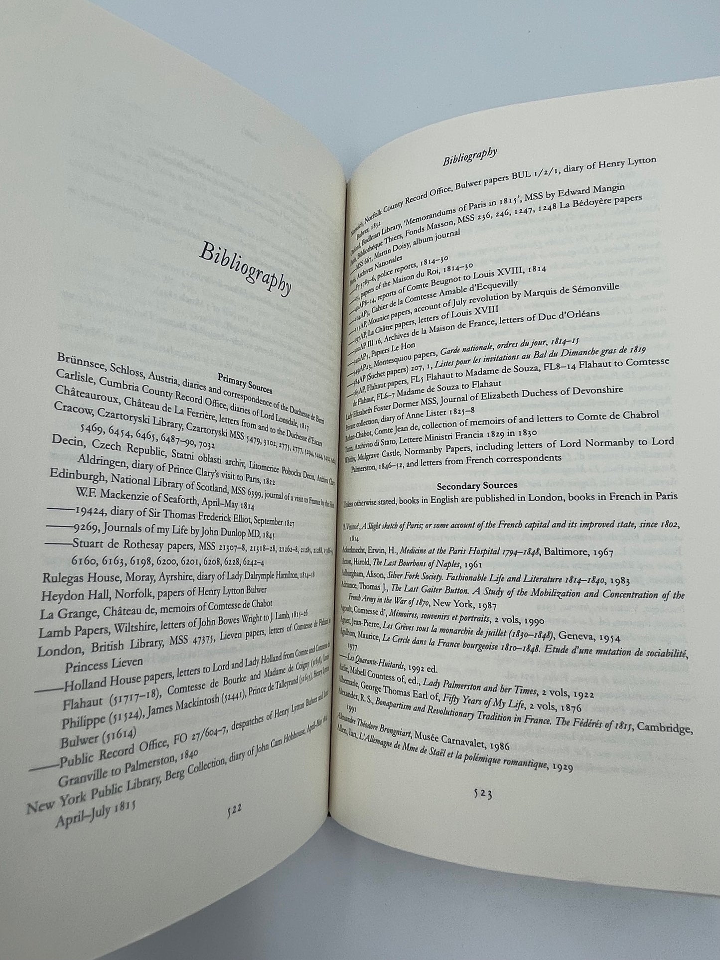 Bibliographical pages from "Paris Between Empires: Monarchy and Revolution 1814-1852" by Philip Mansel