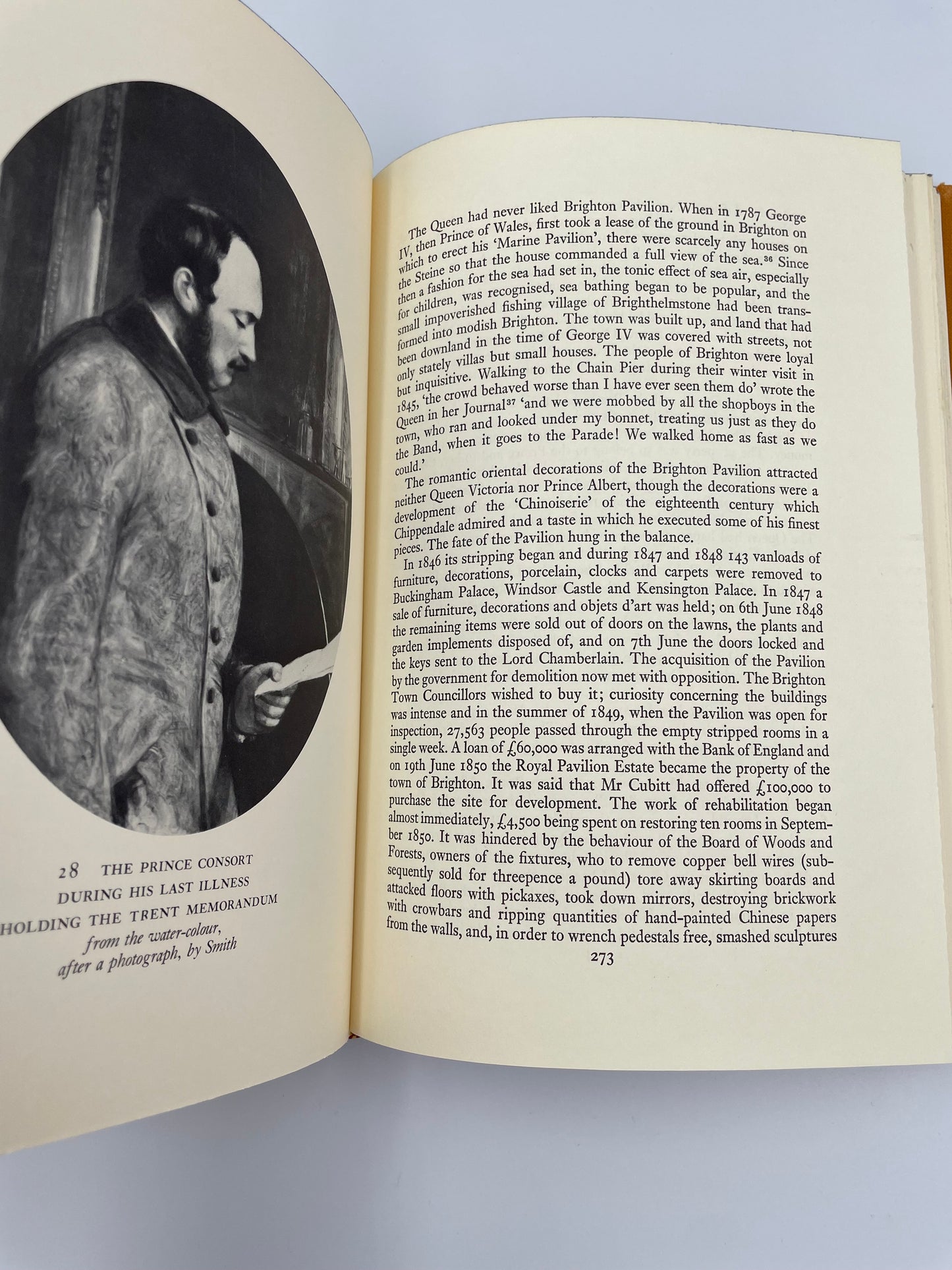 Random page 273 with opposite page depicting Albert, the Prince consort from "Victoria from her Birth to the Death of the Prince Consort" by Cecil Woodham-Smith