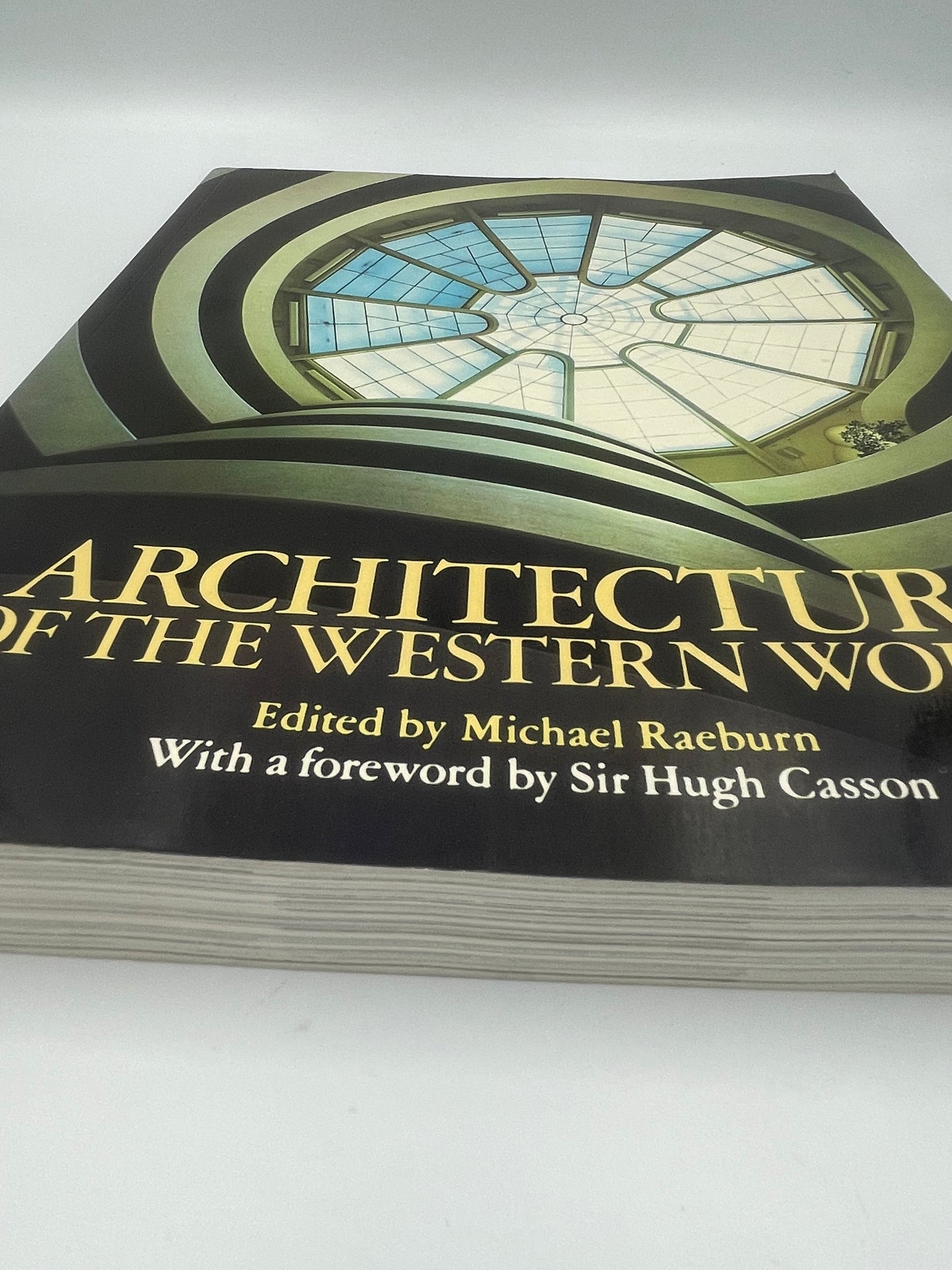 Angled view of page edges of ‘Architecture of the Western World’ by Michael Rayburn