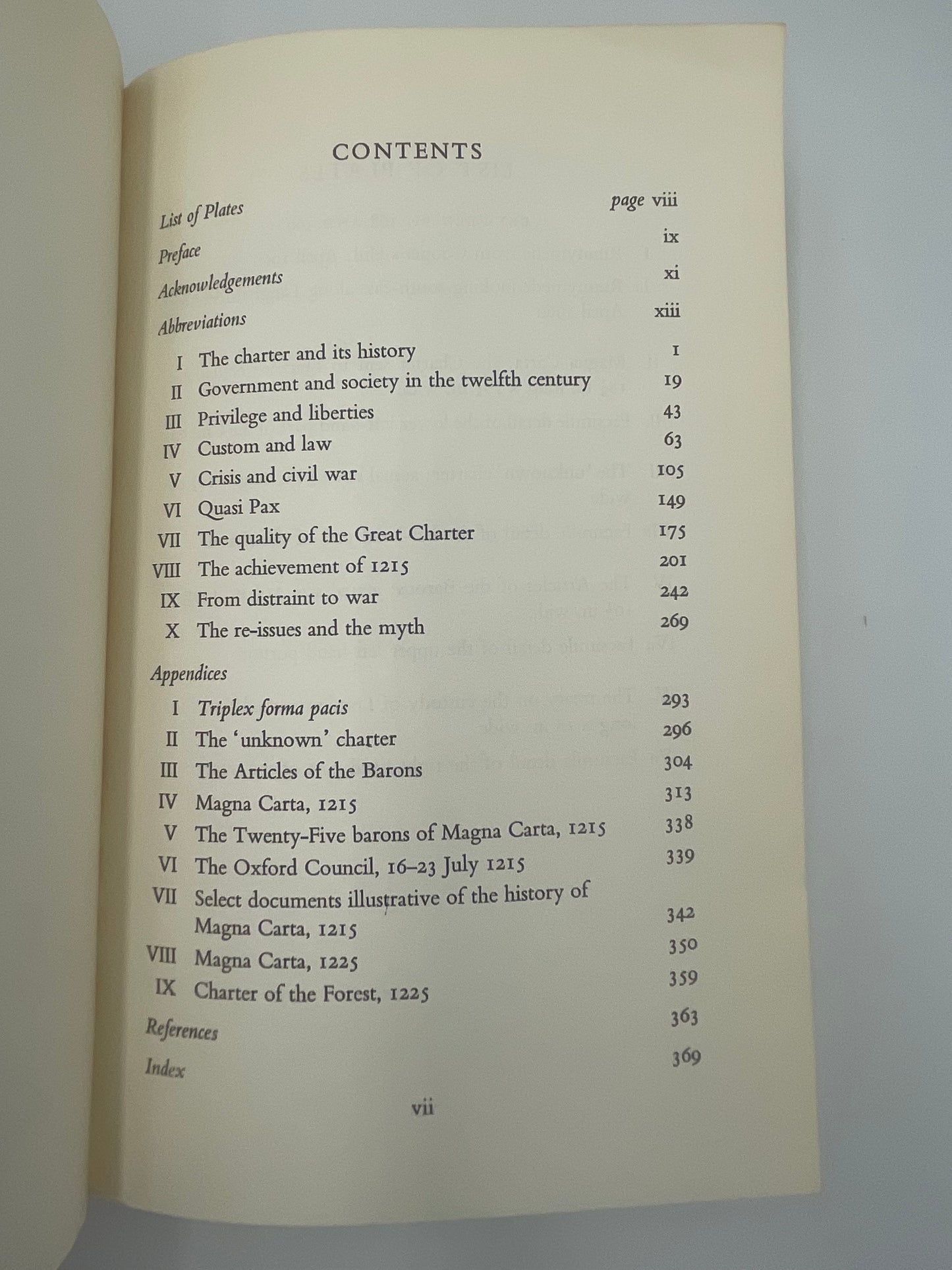 Contents page of ‘Magna Carta’ by J.C.Holt