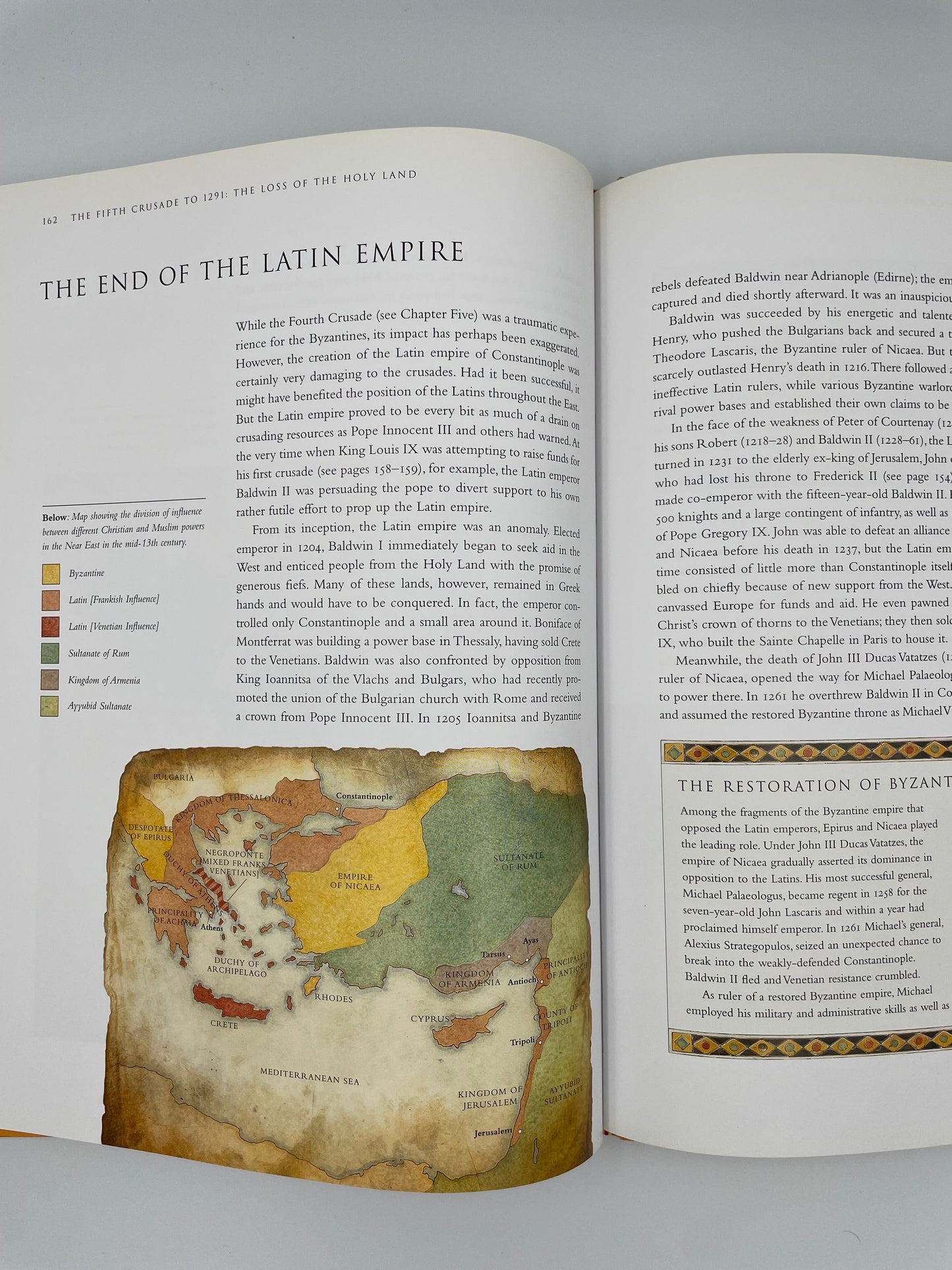 Page with map on the end of the Latin Empire from "Crusades. The illustrated History". Editor: T. F. Madden