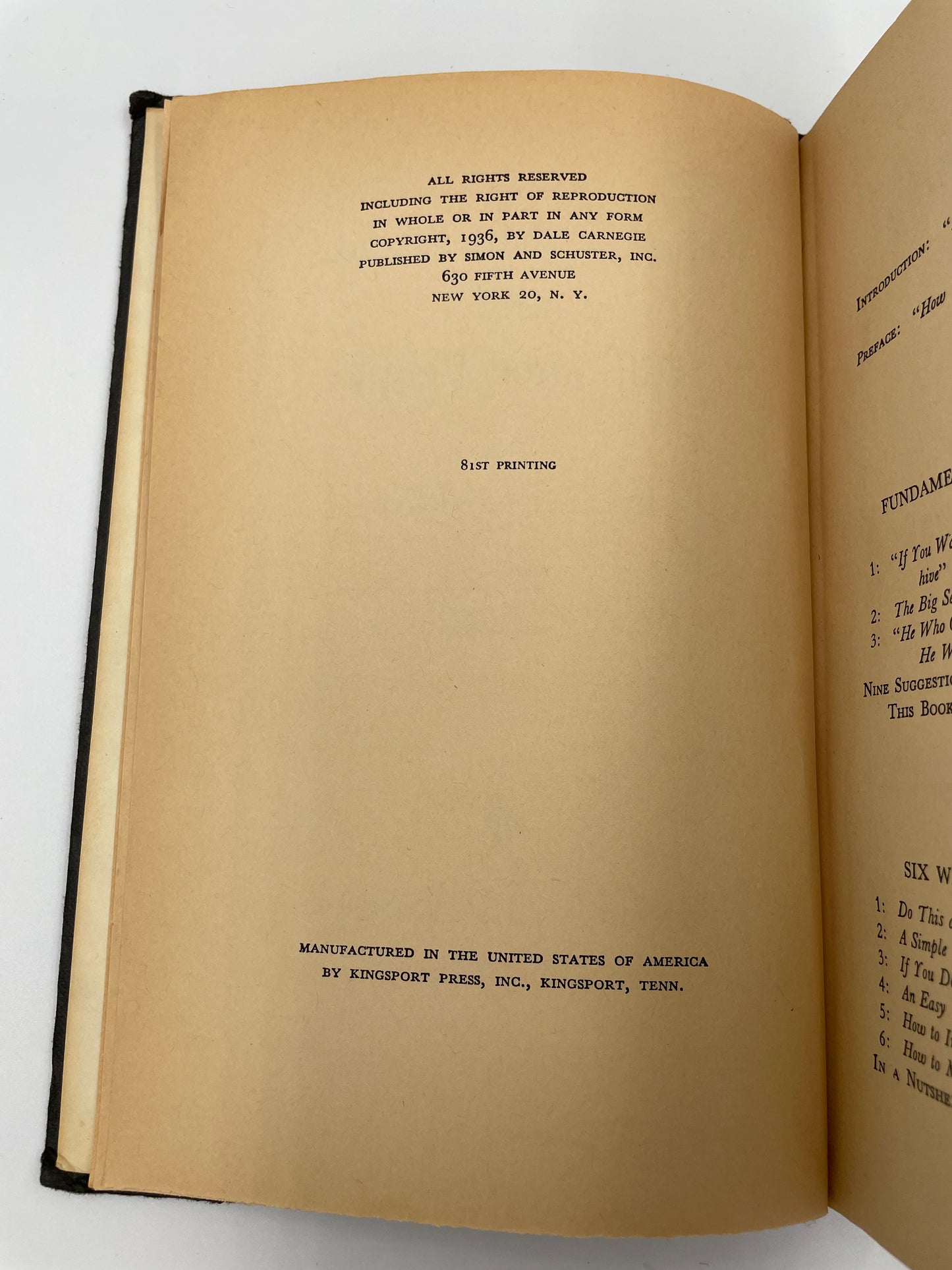 Copyright info page of 'How to Win Friends and Influence People' by Dale Carnegie, 1st Edition
