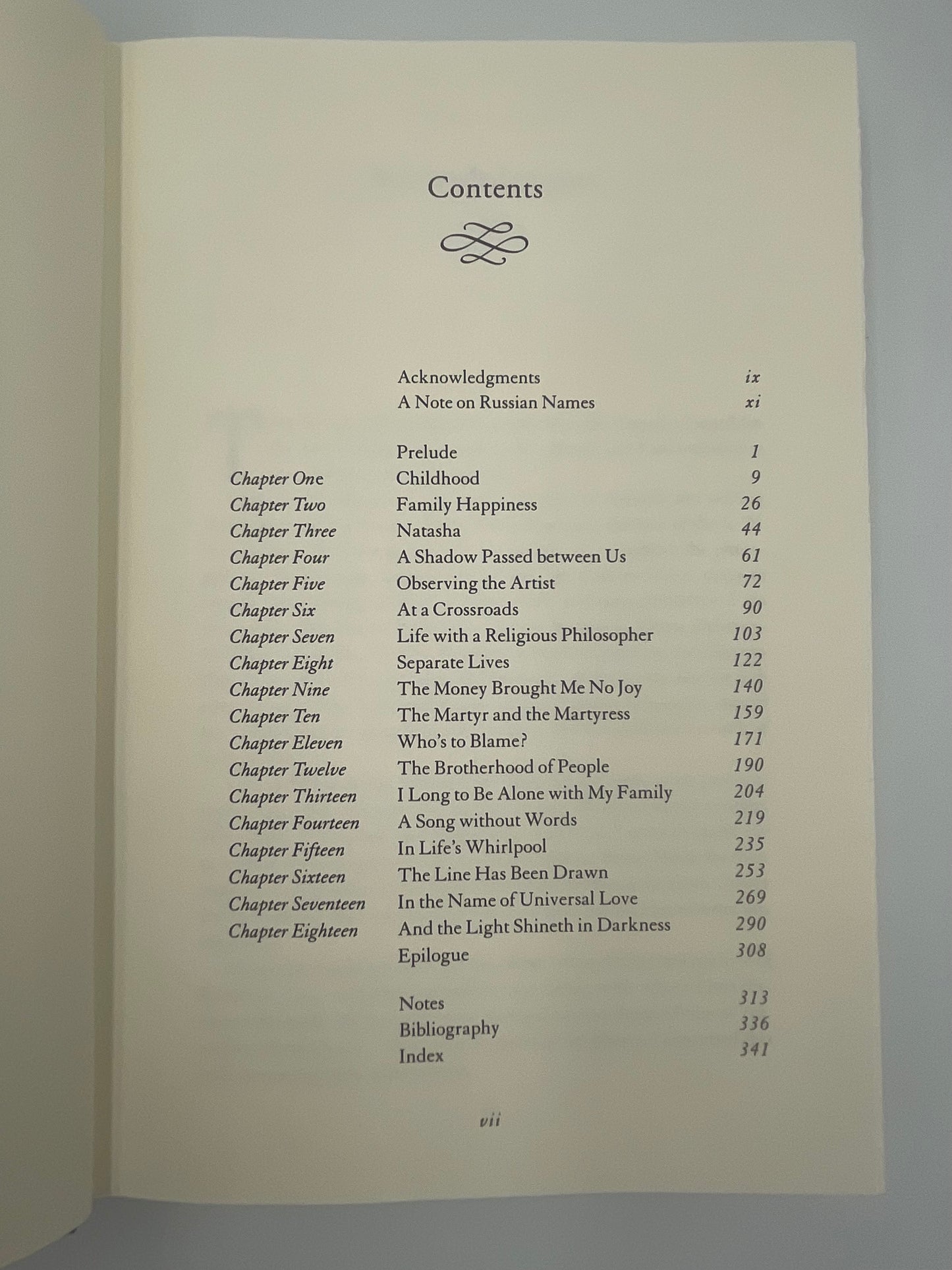 Contents page of ‘Sophia Tolstoy. A Biography’ by A. Popoff