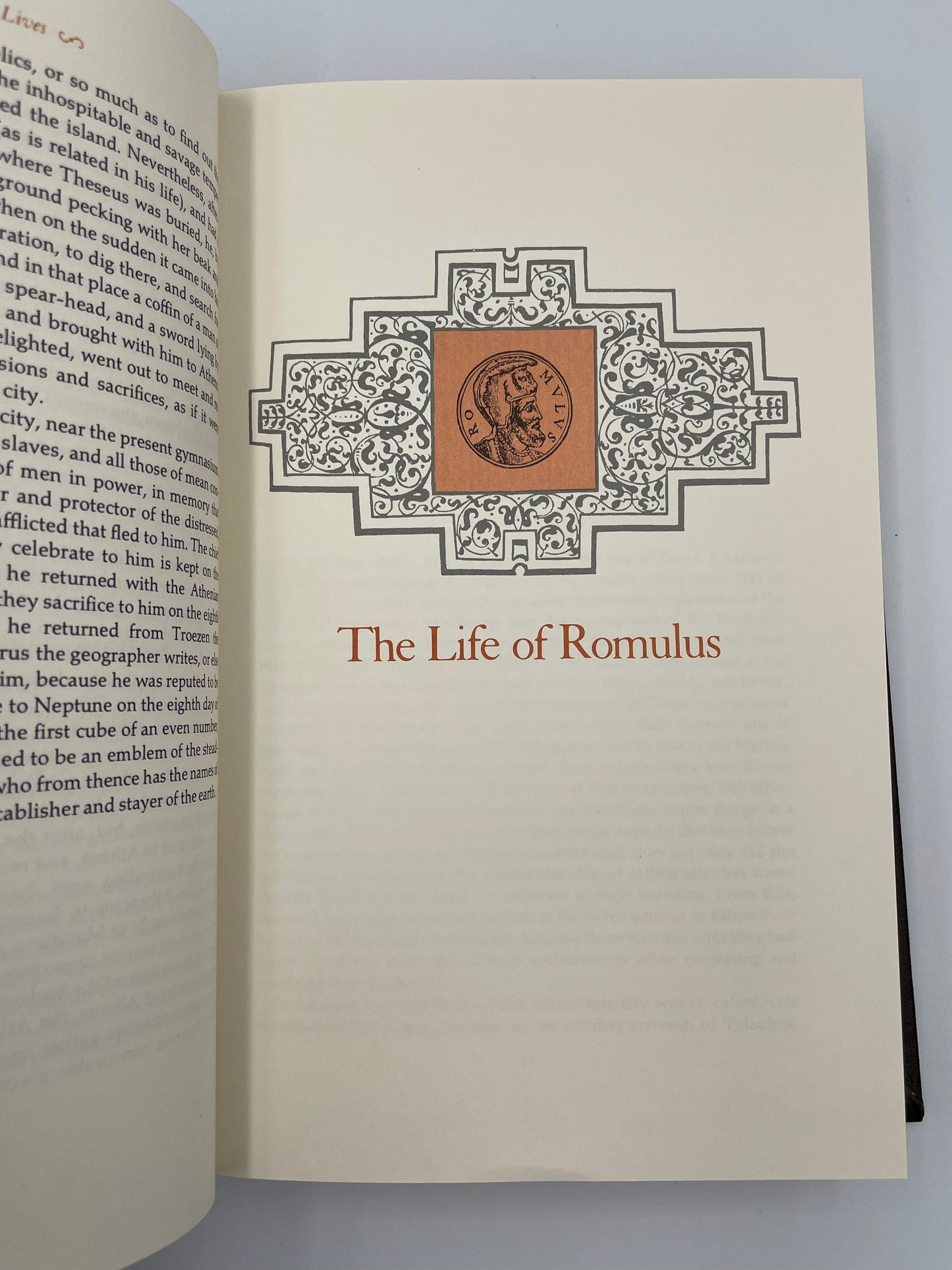 Page with illustration on 'The Life of Romulus' from "Plutarch. Selected Lives from the Parallel Lives of the Noble Grecian and Romans". Franklin Library 1982 edition
