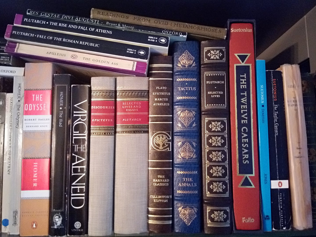 Classic books lined up on shelf with some stacked on top. 