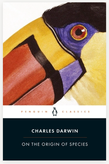 Book cover of Darwin's 'On the Origin of Species' with a brightly coloured bird. 