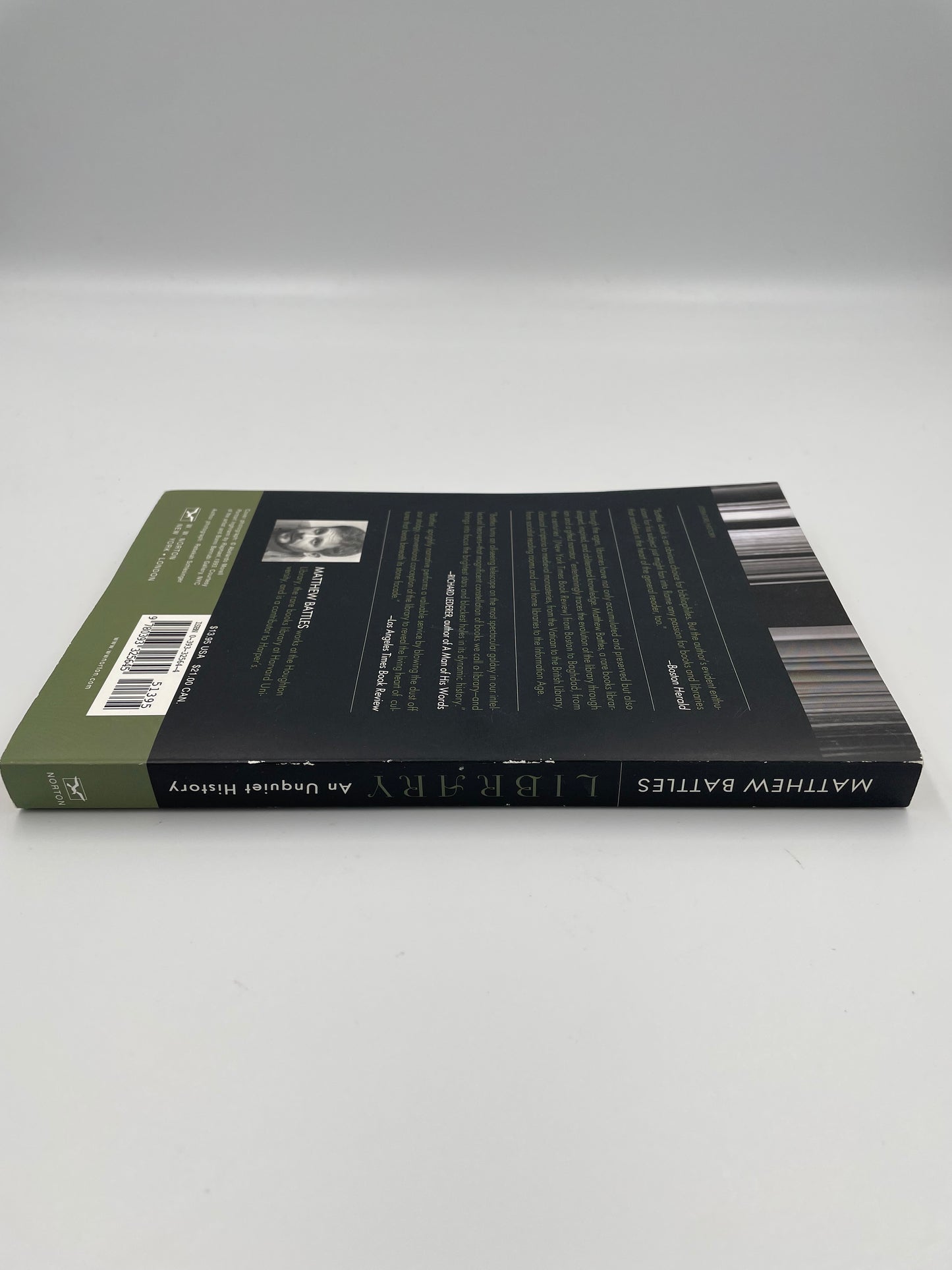 Spine view of book, 'Library: An Unquiet History' by Matthew Battles.