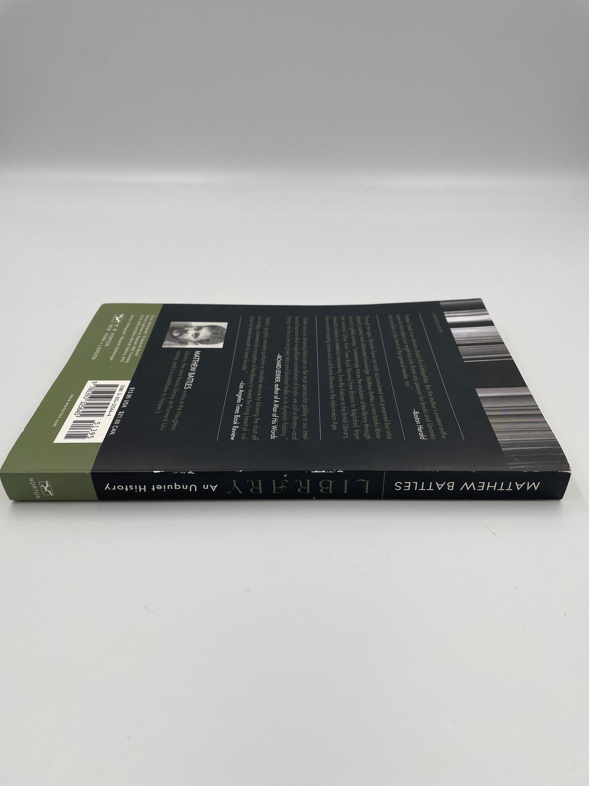 Spine view of book, 'Library: An Unquiet History' by Matthew Battles.