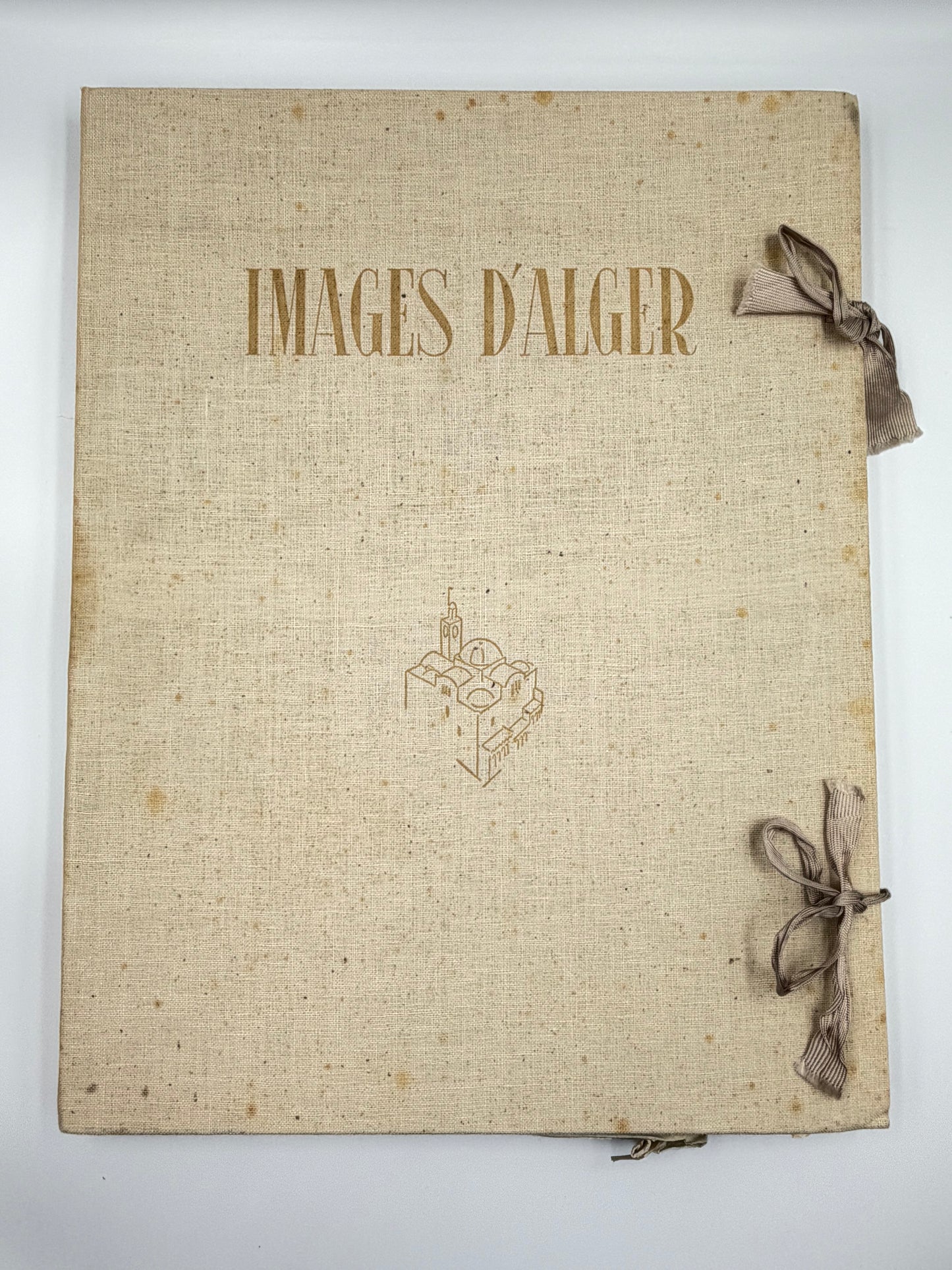 1948 'Images D'Alger' large format art portfolio cover made of textured beige linen fabric. 