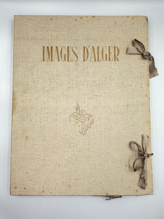 1948 'Images D'Alger' large format art portfolio cover made of textured beige linen fabric. 