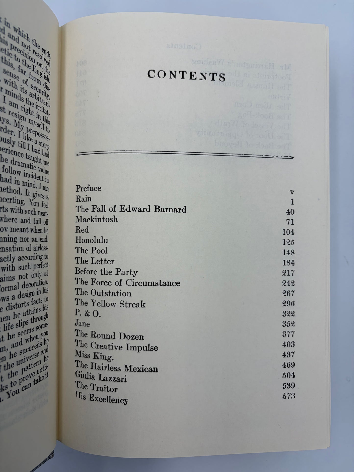 Contents page of Volume 1 from 'The Complete Short Stories of W. Somerset Maugham'.