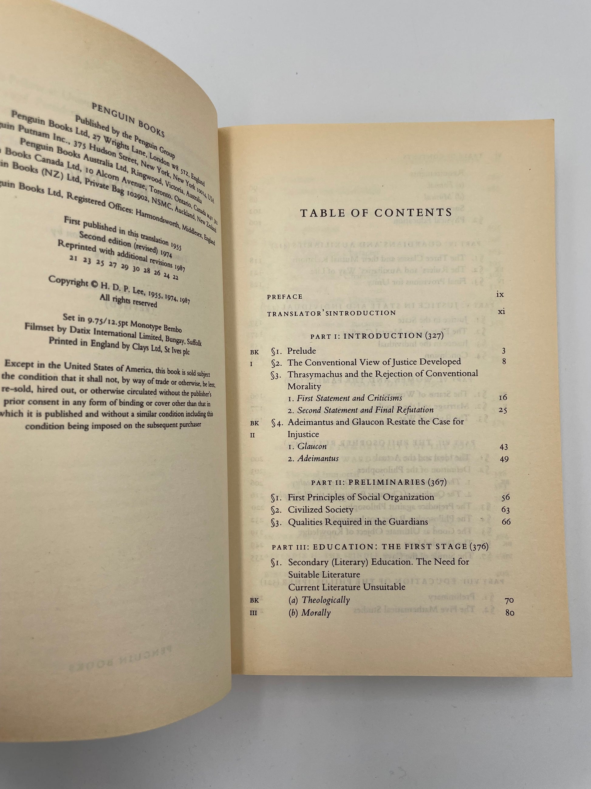 Table of contents page from ‘The Republic’ by Plato.