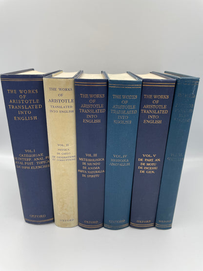 6 volumes lined up of "The Works of Aristotle Translated into English" 1971, Oxford University Press Edition
