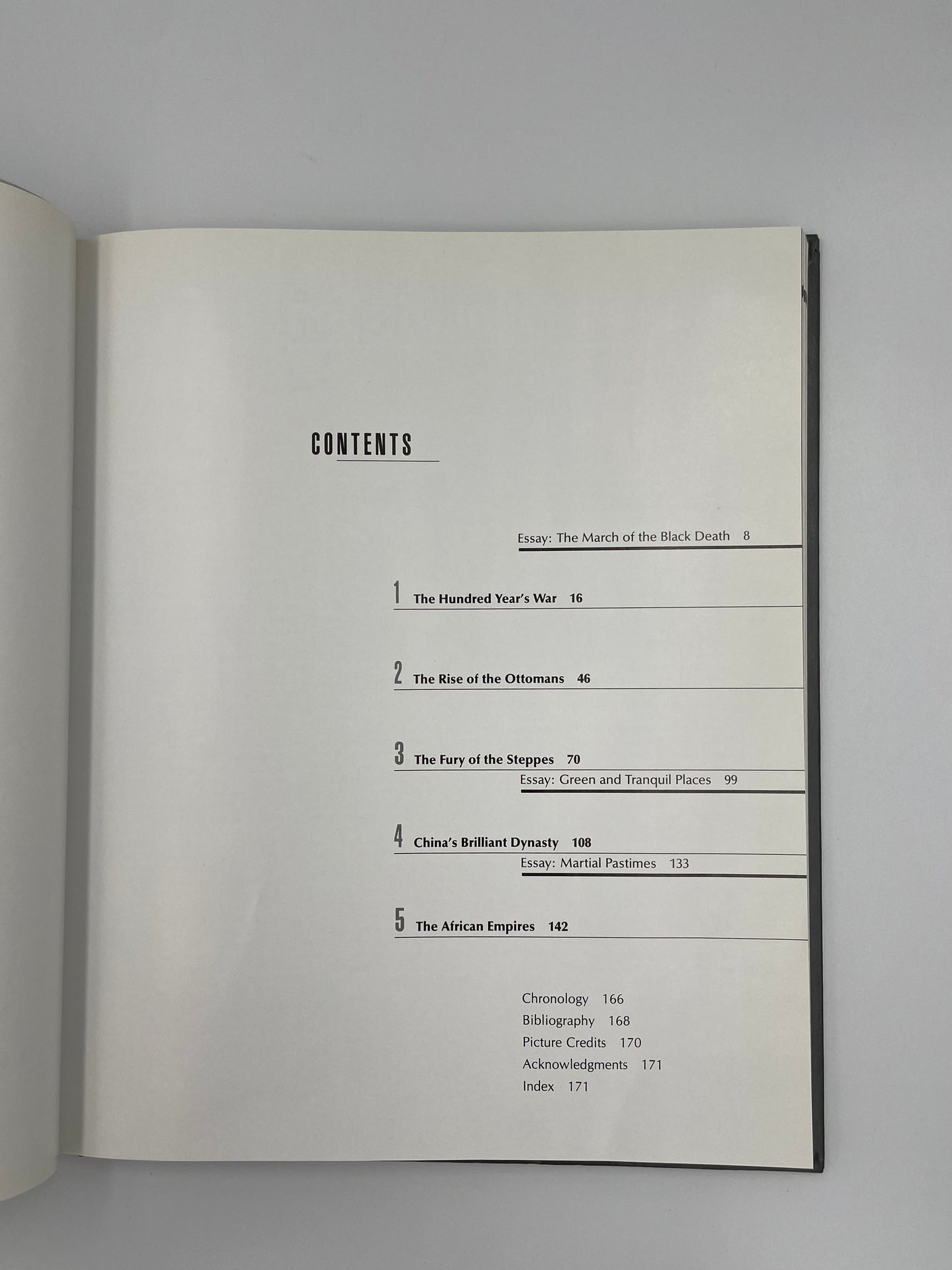 Table of contents page of 'TimeFrame AD 1300-1400'  on a gray background