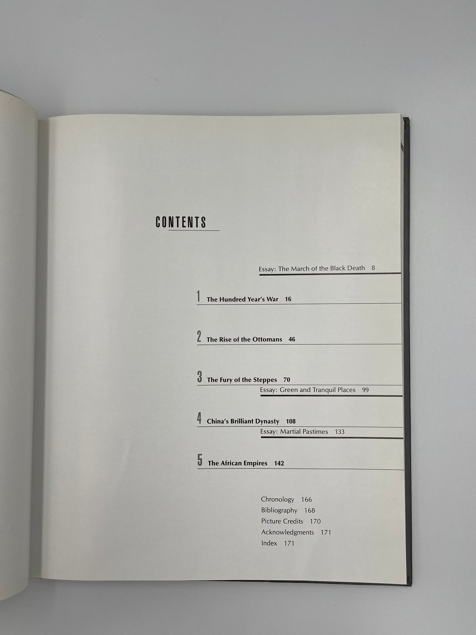 Table of contents page of 'TimeFrame AD 1300-1400'  on a gray background