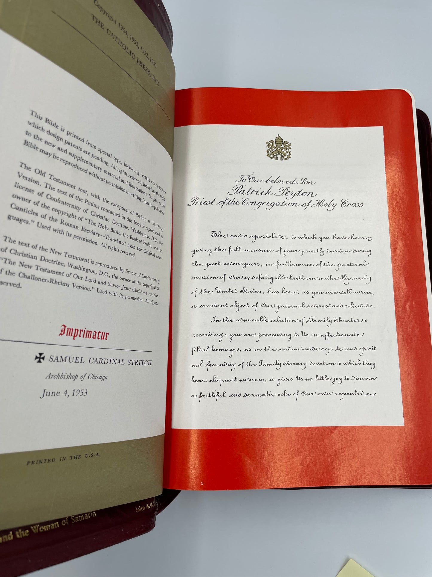 Open pages with imprimatur details from the archbishop of Chicago, 1954 from 'The Marian Bible' 