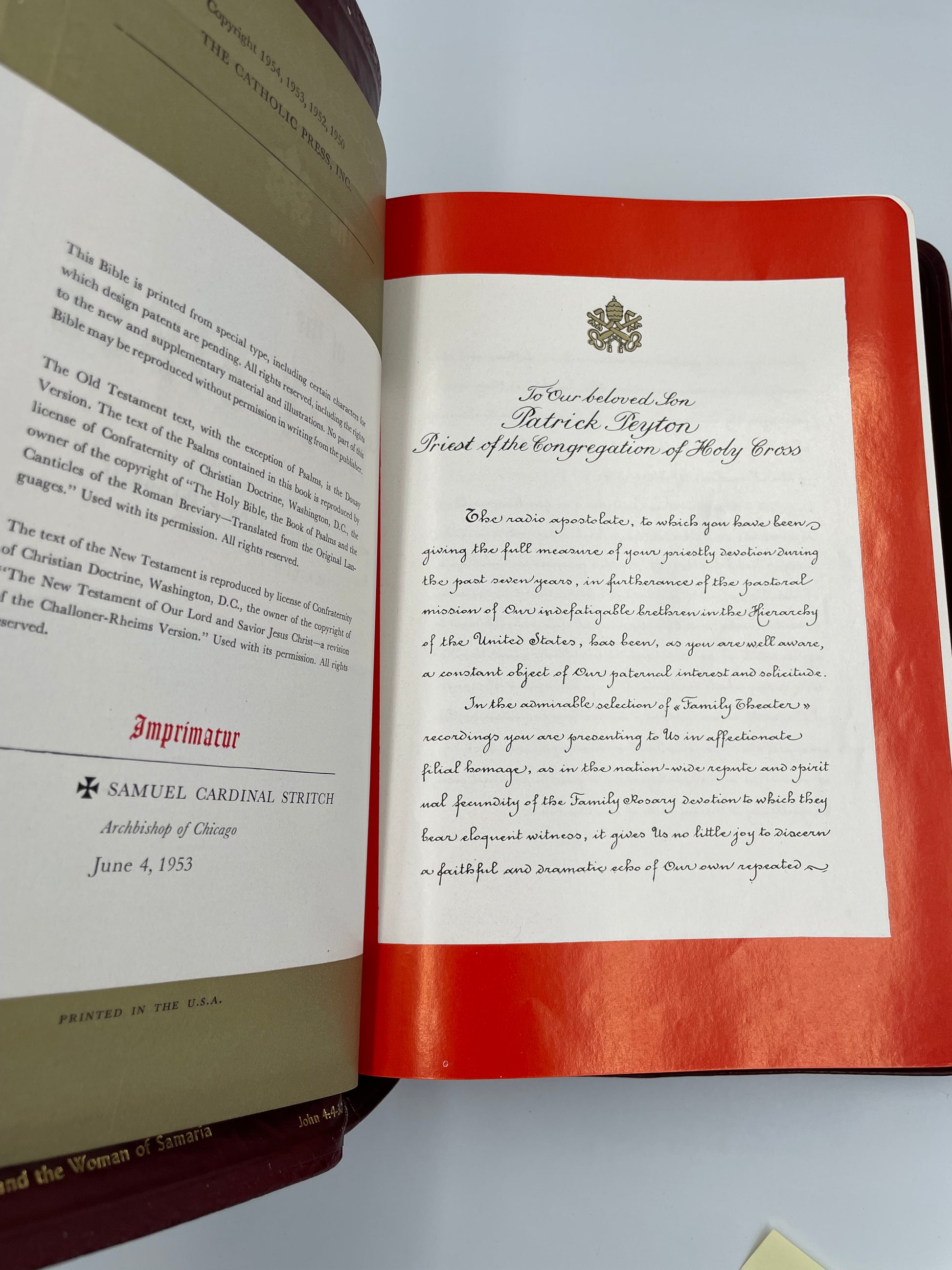 Open pages with imprimatur details from the archbishop of Chicago, 1954 from 'The Marian Bible' 