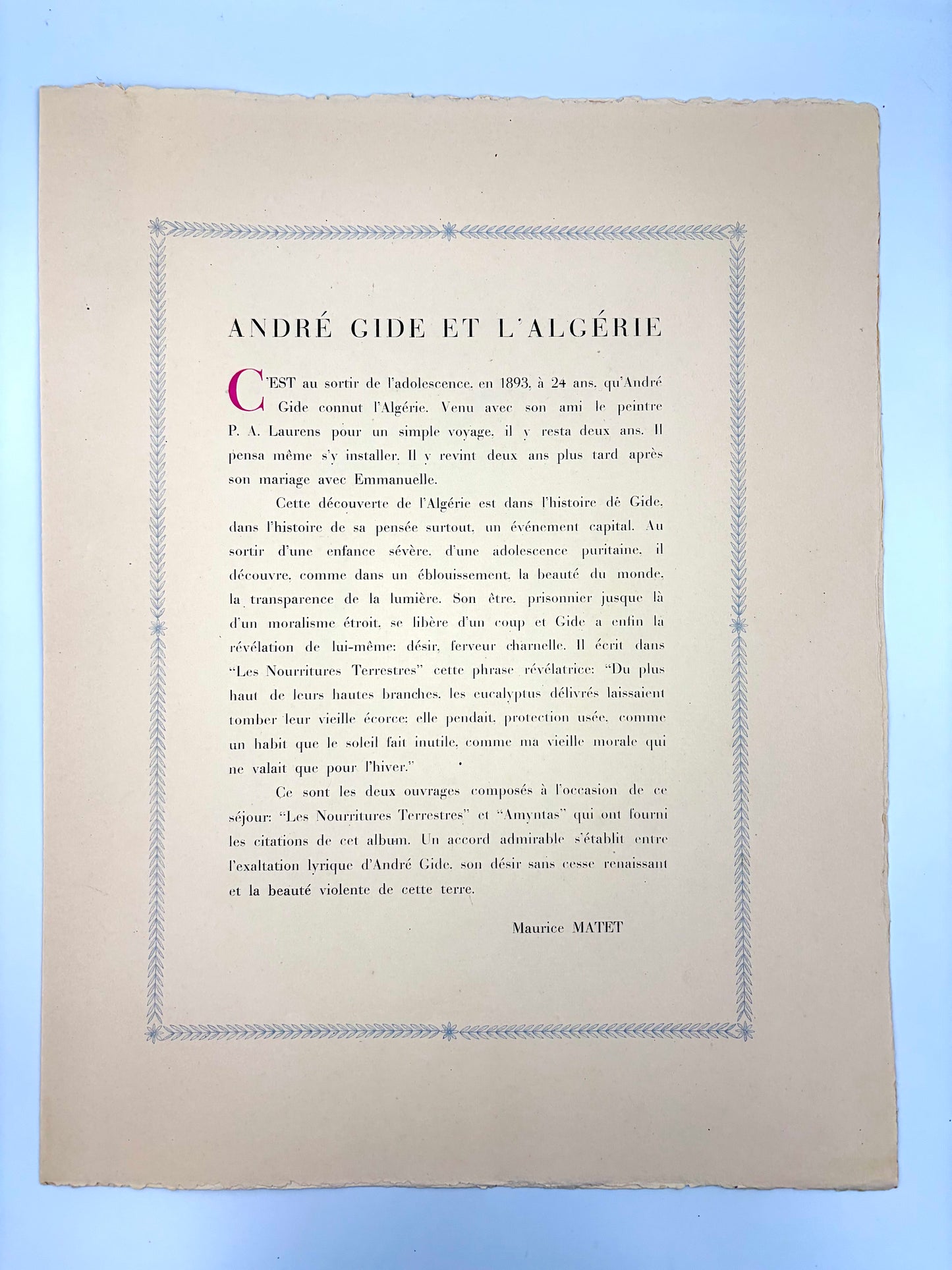 Preface titled 'Andre Gide et l"Algerie' with French text from the art portfolio, 'Images d'Alger'.