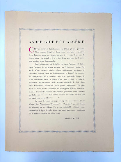 Preface titled 'Andre Gide et l"Algerie' with French text from the art portfolio, 'Images d'Alger'.
