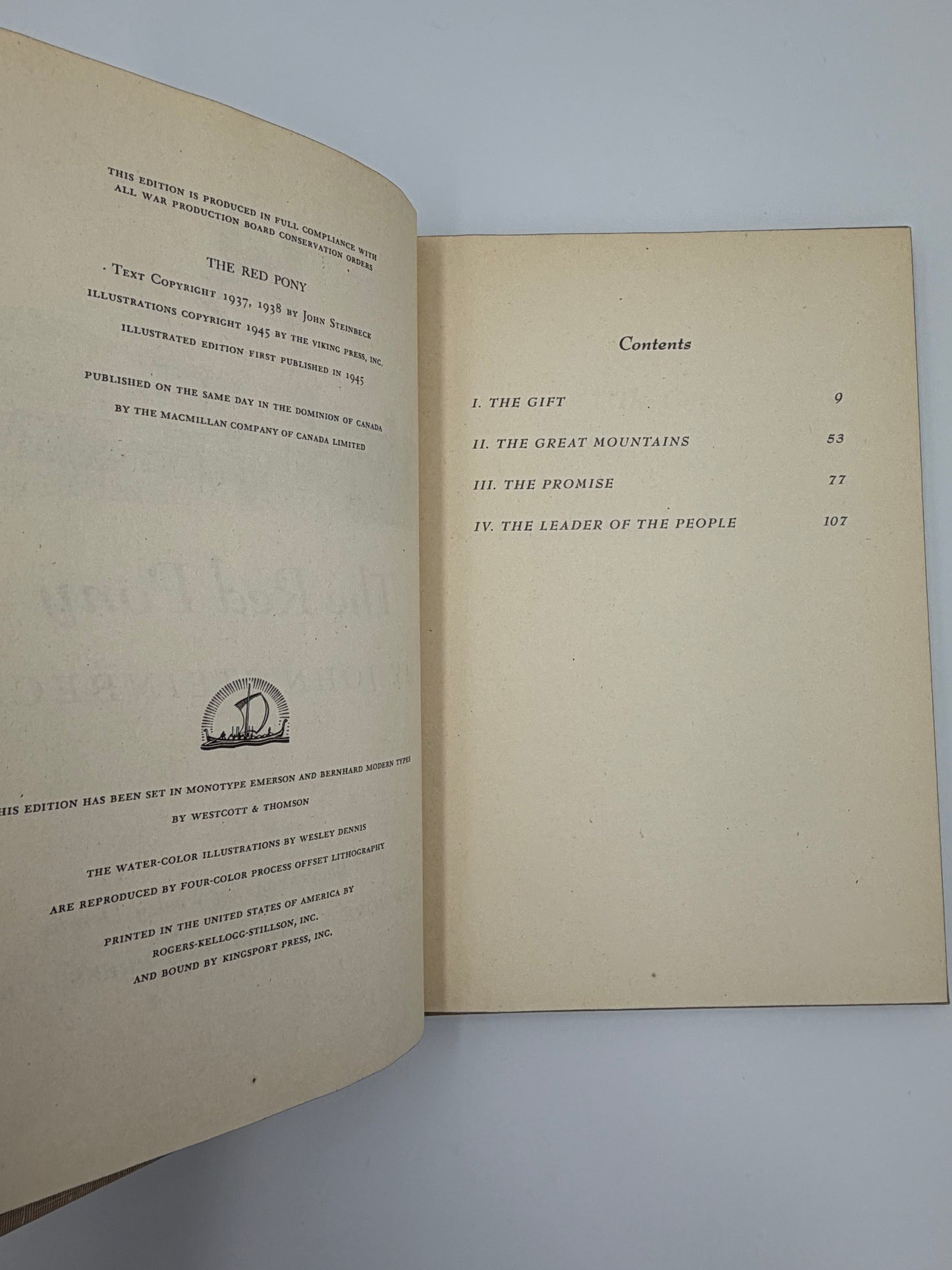 Copyright and contents page from the book, 'The Red Pony' by John Steinbeck. 