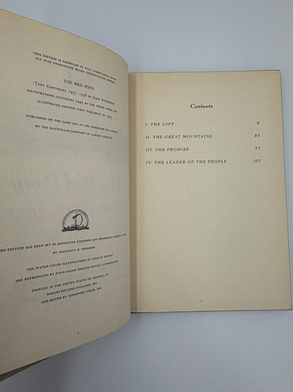 Copyright and contents page from the book, 'The Red Pony' by John Steinbeck. 