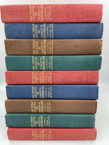 Stacked up book spine view of volumes 1 to 9 of "The Great Events by Famous Historians" 1905 Edition (Volumes 1 to 18) 