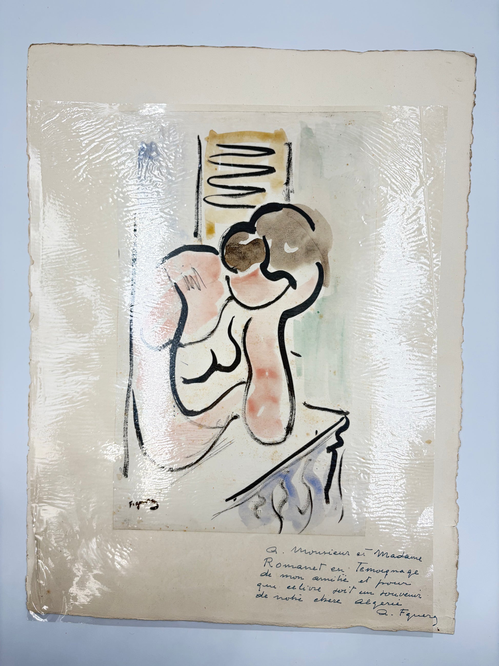 Original signed Figueras work dedicated to Monsieur et Madame Romanet, with an inscription referring to their friendship and shared memories.
