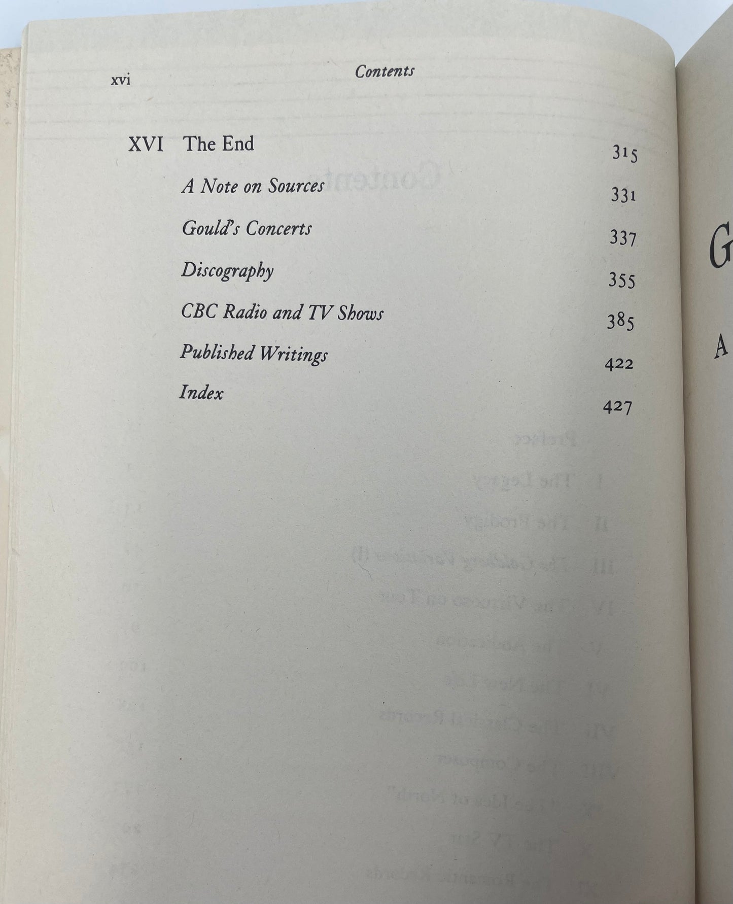 Table of contents page continued from 'Glenn Gould: A Life and Variations' by Otto Friedrich.