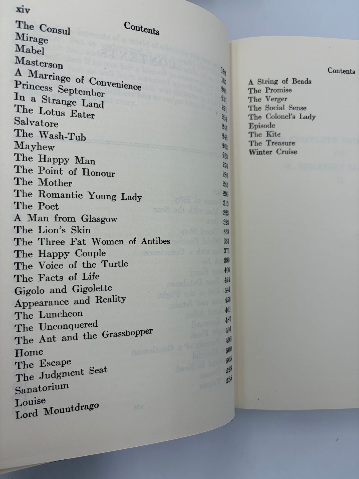 Table of contents page continued from 'The Complete Short Stories of W. Somerset Maugham' Volume 2.