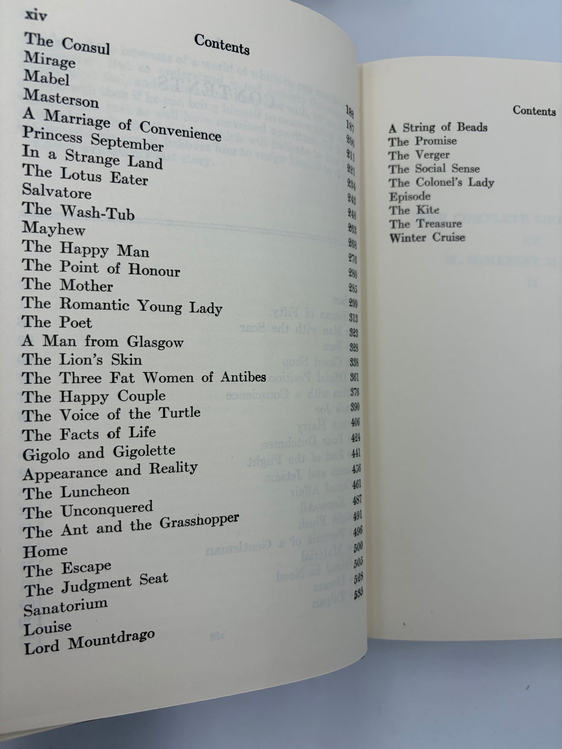 Table of contents page continued from 'The Complete Short Stories of W. Somerset Maugham' Volume 2.