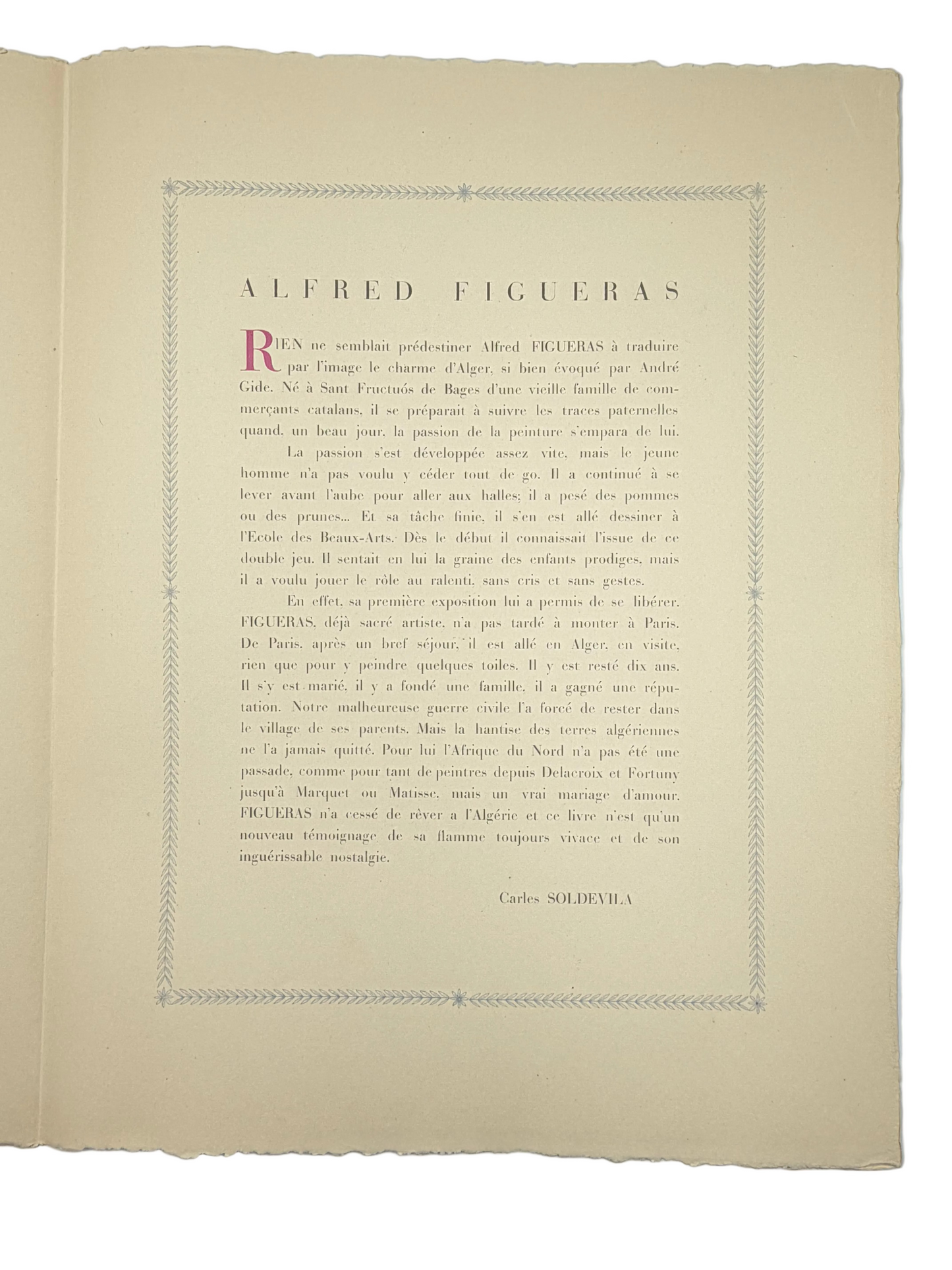 Preface on Alfred Figueras by Carlos Soldevila from the art portfolio, 'Images d"Alger', 