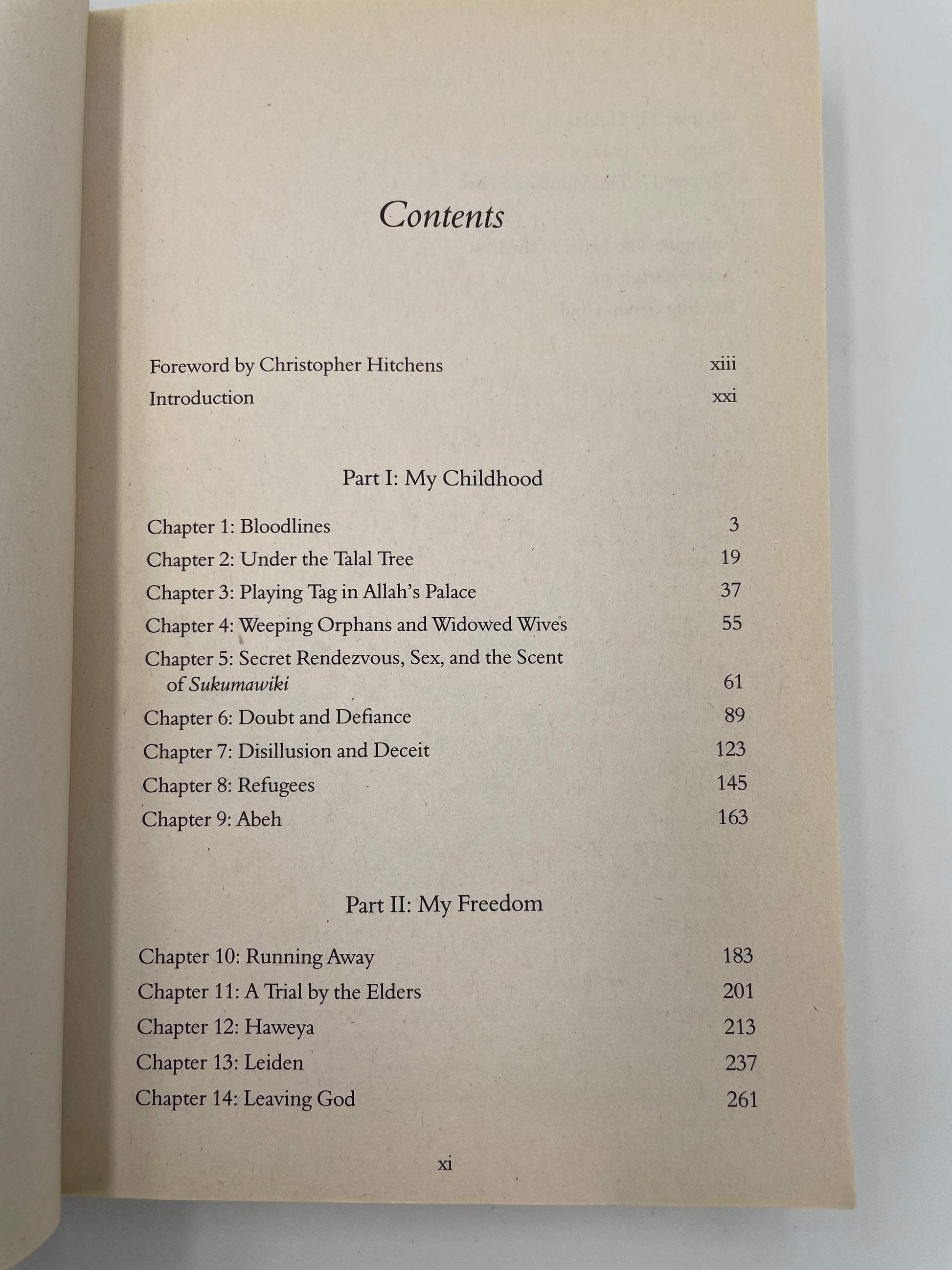 Table of contents page of a book with chapter headings and section titles from ‘Infidel’ by Ayaan Hirsi Ali.