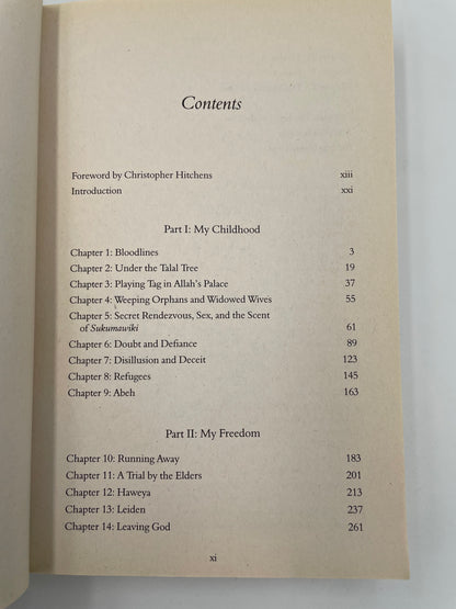 Table of contents page of a book with chapter headings and section titles from ‘Infidel’ by Ayaan Hirsi Ali.