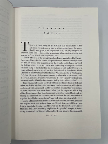 Preface page from "Democracy in America" by Alexis De Toqueville (Ed. Harvey C. Mansfield and Delba Winthrop). 