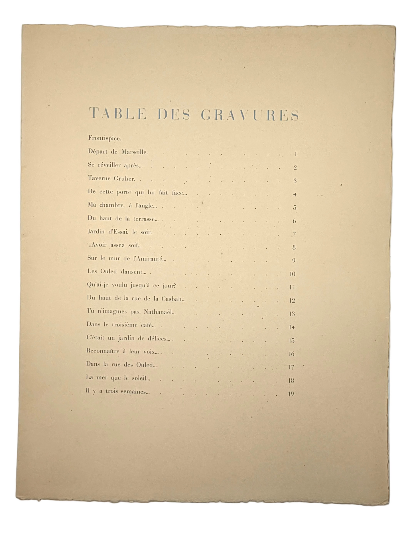 Table of contents page of etchings (in French) titled 'TABLE DES GRAVURES' from  art portfolio 'Images dAlger'.