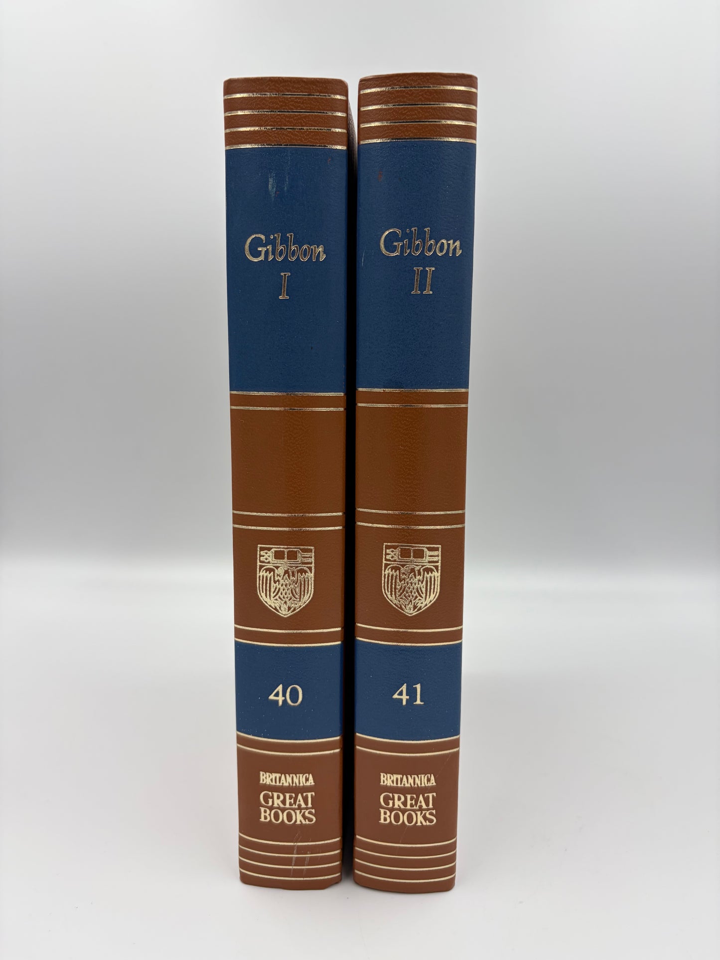 Volumes 1 and 2  hardcovers of 'The Decline and Fall of the Roman Empire' standing upright. 