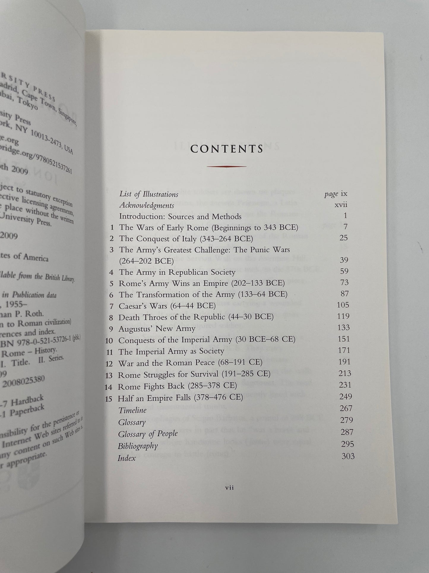 Table of contents page of ‘Roman Warfare’ by Jonathan P. Roth.