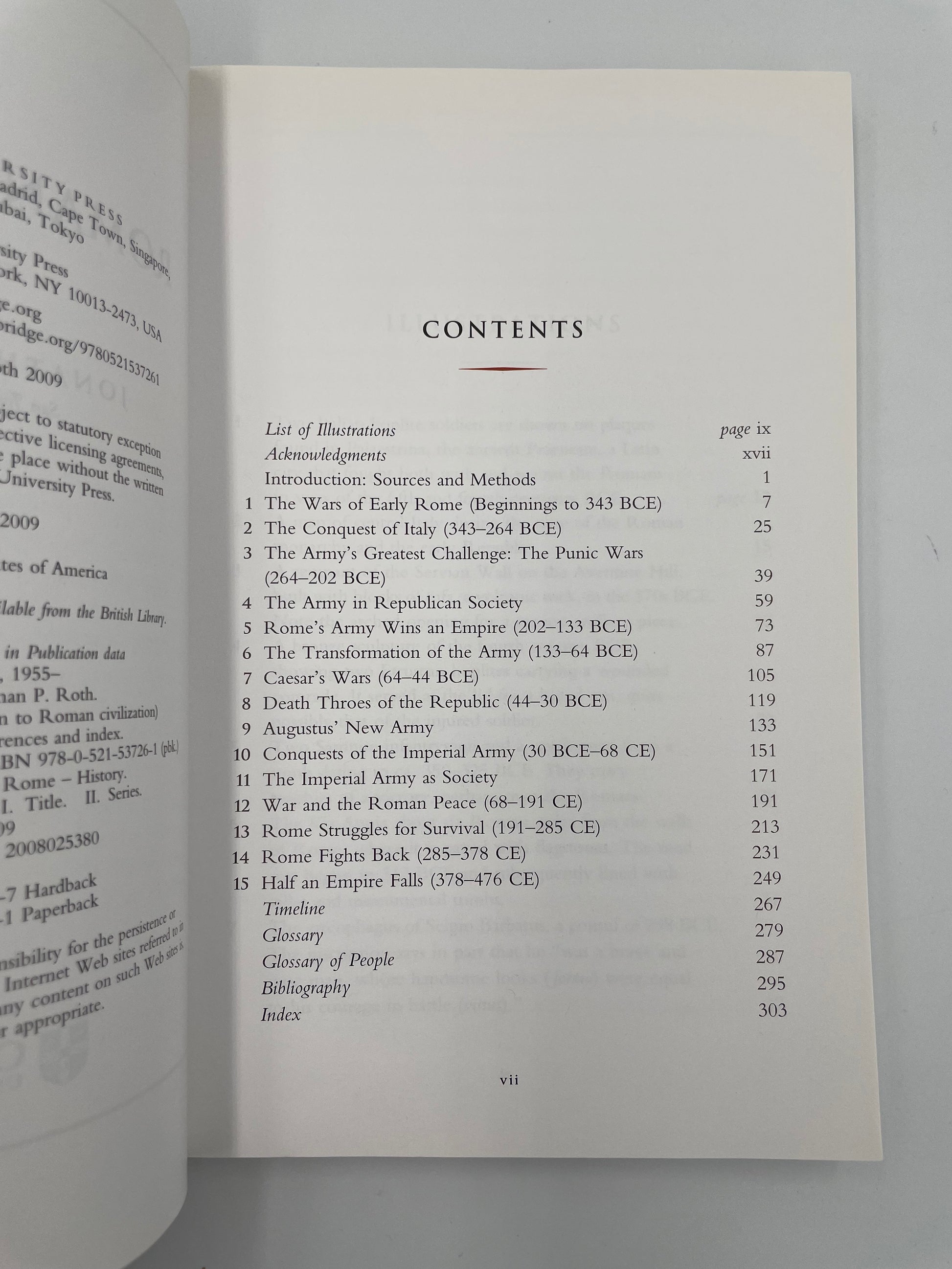 Table of contents page of ‘Roman Warfare’ by Jonathan P. Roth.